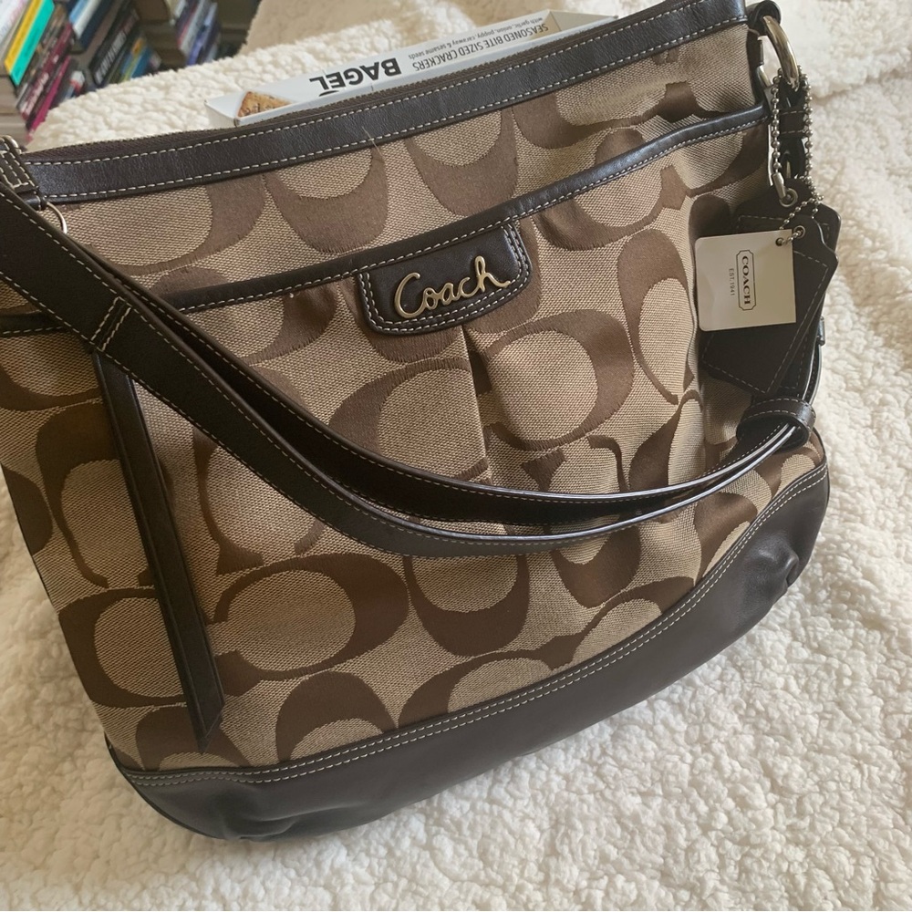 Coach Tan and Brown Signature Shoulder Bag